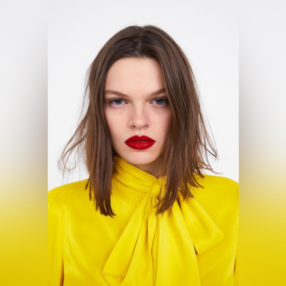 Zara yellow satin viscose neck bow tie detail button up blouse, size medium - Picture 4 of 16